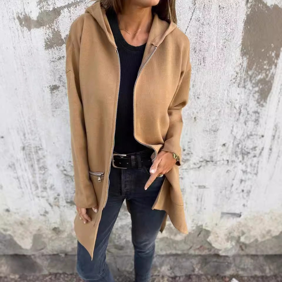 Veste à Capuche Zippée Décontractée – Couleurs Unies Automne & Hiver