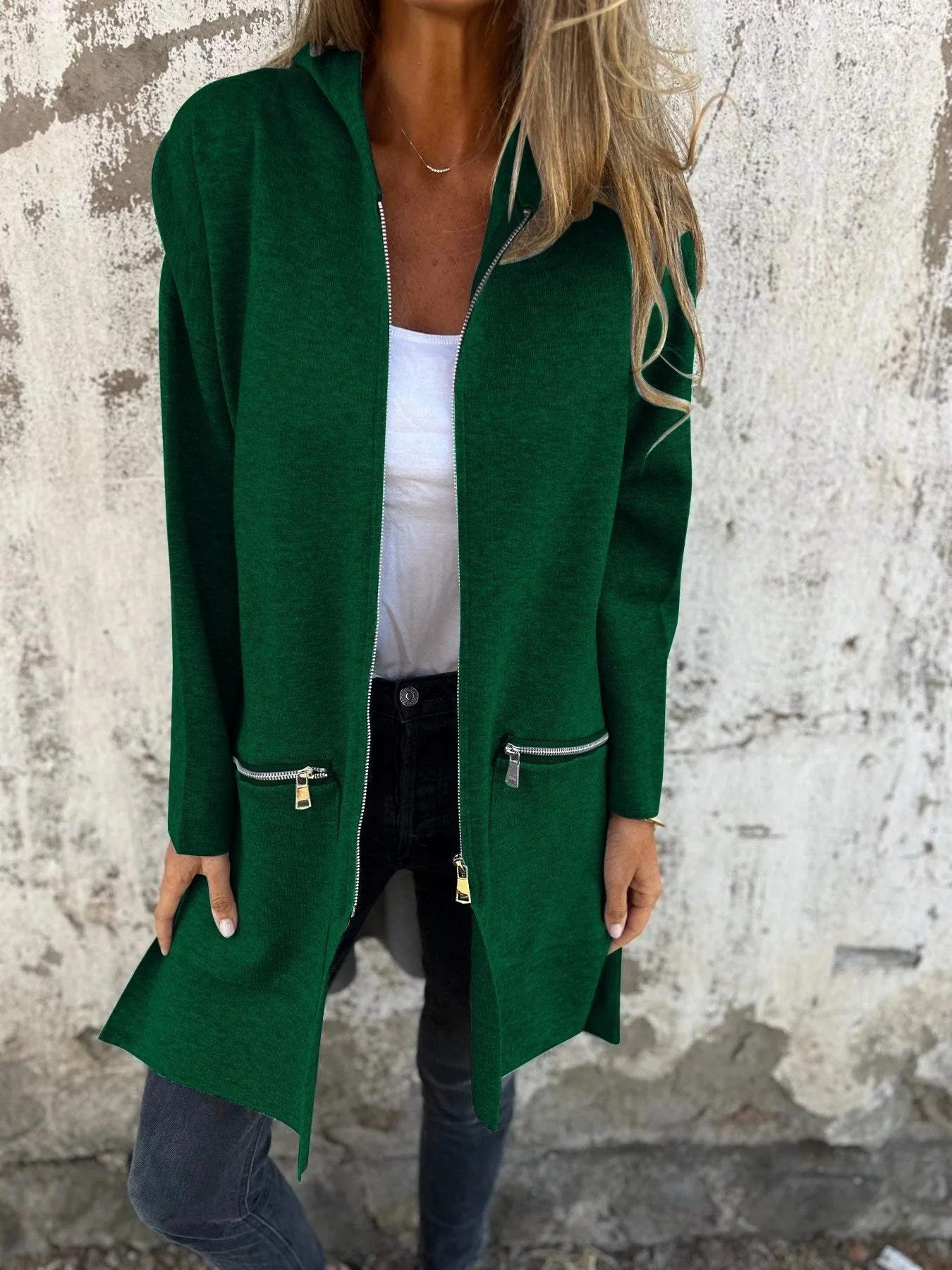Veste à Capuche Zippée Décontractée – Couleurs Unies Automne & Hiver