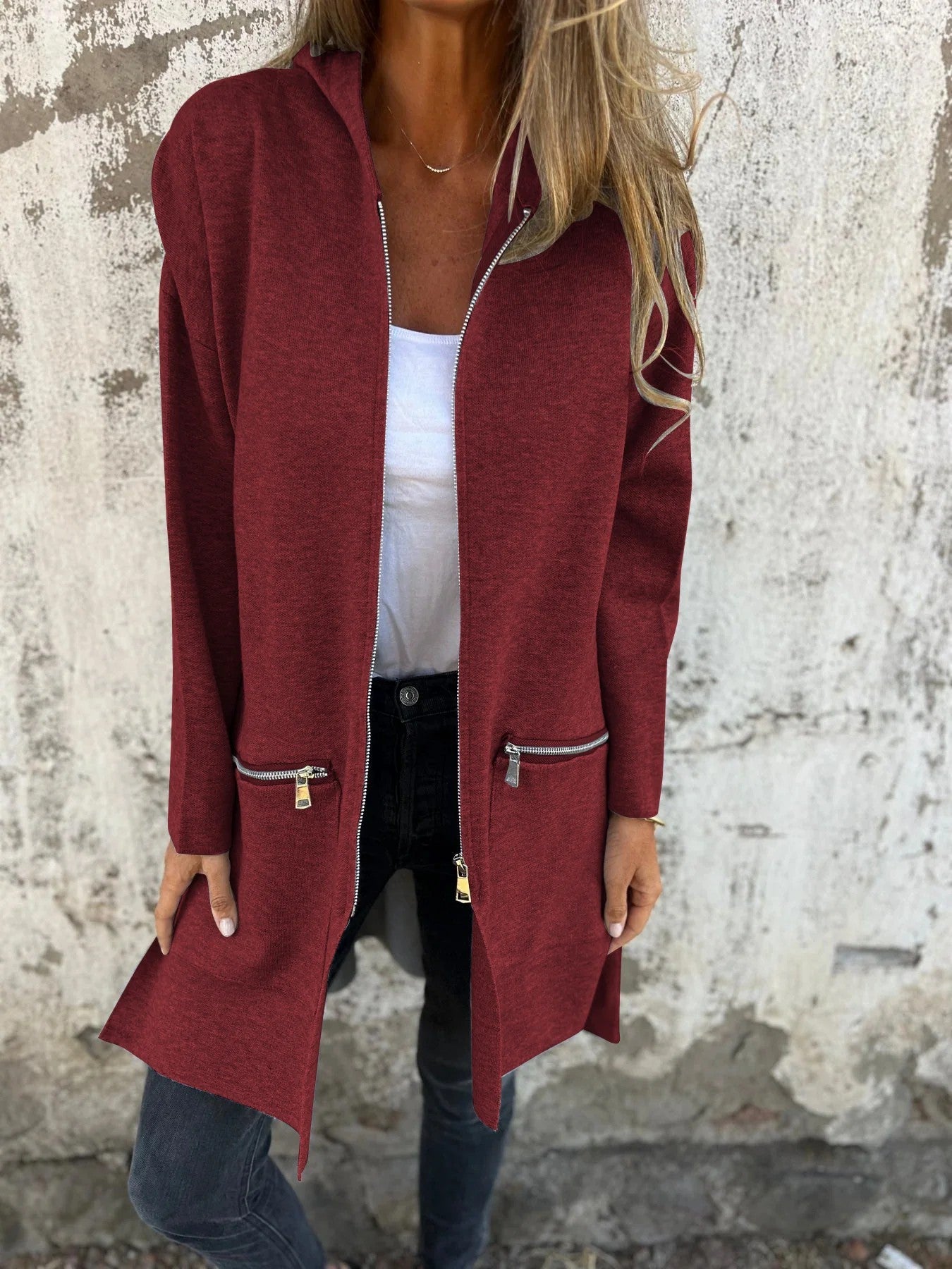Veste à Capuche Zippée Décontractée – Couleurs Unies Automne & Hiver