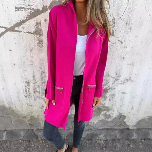 Veste à Capuche Zippée Décontractée – Couleurs Unies Automne & Hiver