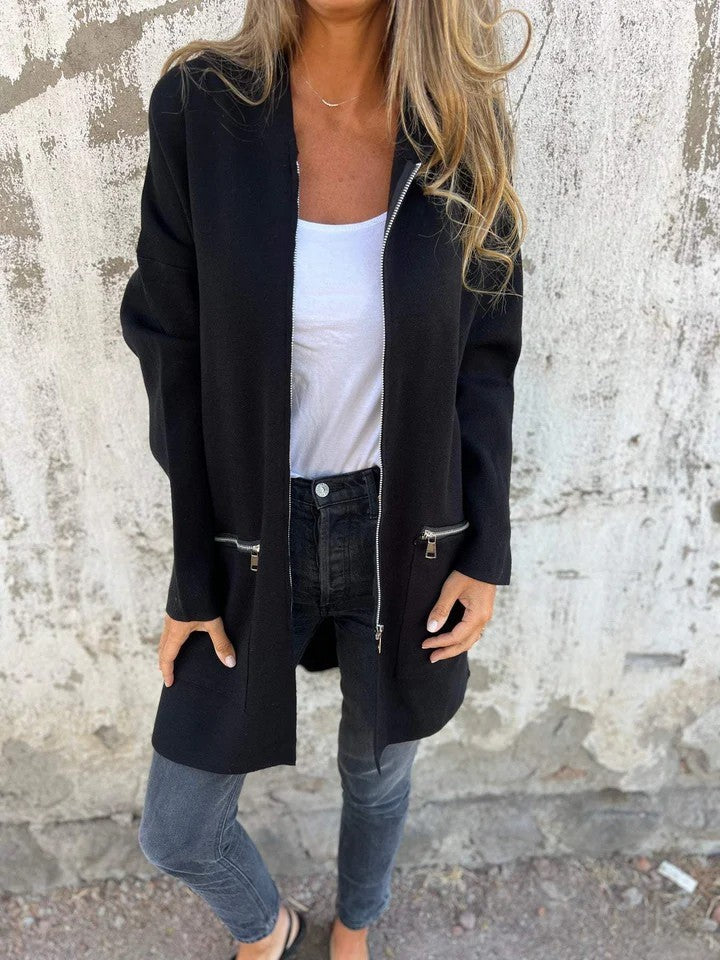 Veste à Capuche Zippée Décontractée – Couleurs Unies Automne & Hiver