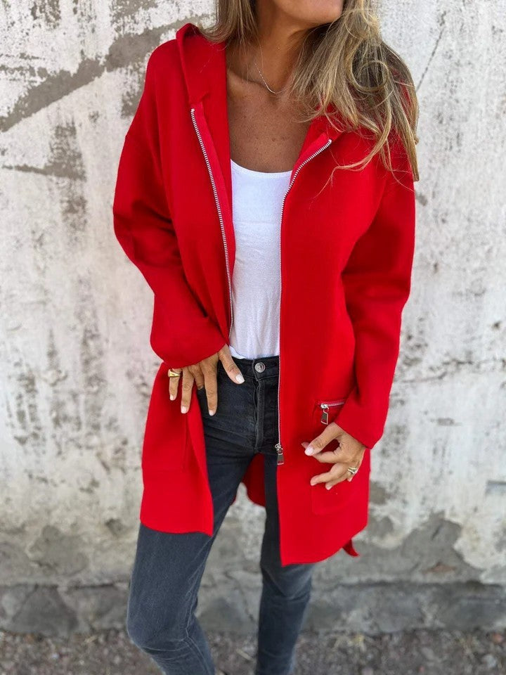 Veste à Capuche Zippée Décontractée – Couleurs Unies Automne & Hiver