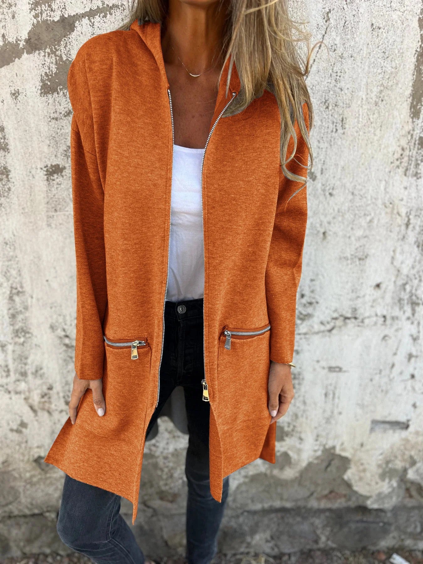 Veste à Capuche Zippée Décontractée – Couleurs Unies Automne & Hiver