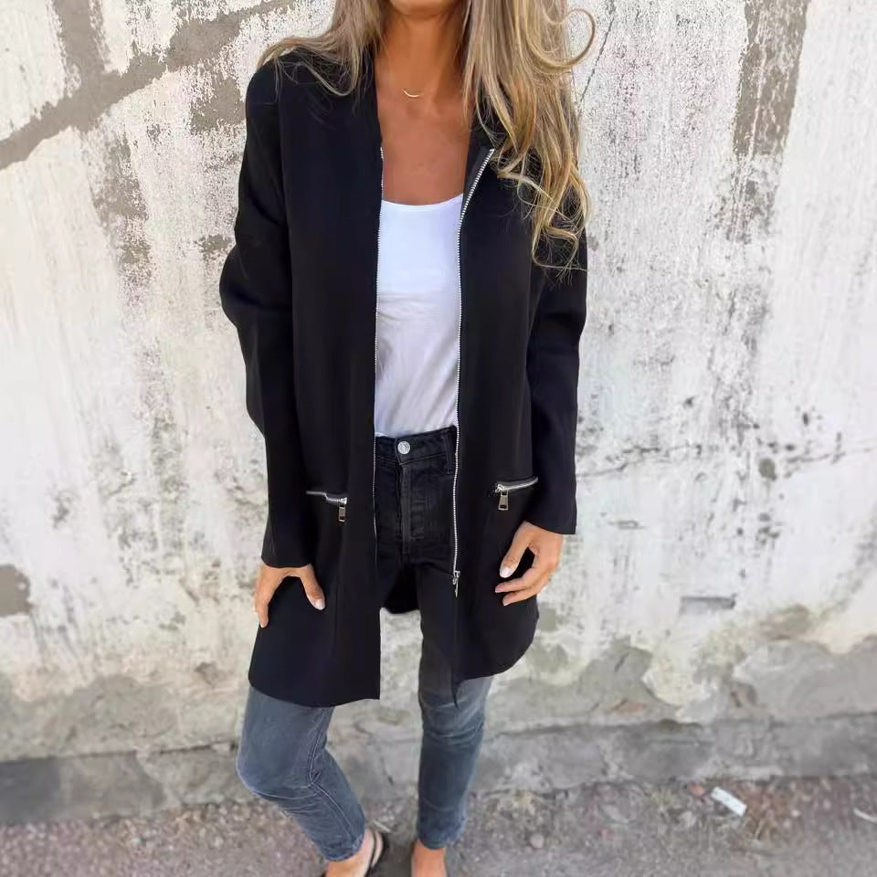 Veste à Capuche Zippée Décontractée – Couleurs Unies Automne & Hiver