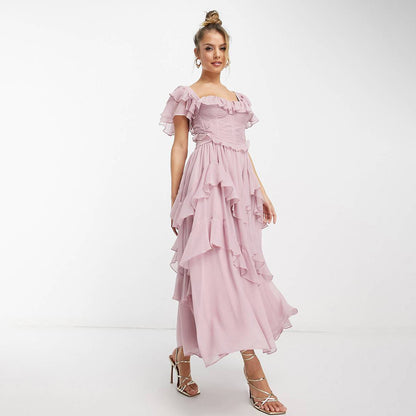 Robe d’Été à Volants Dos Nu et Encolure Carrée – Style Fête et Vacances