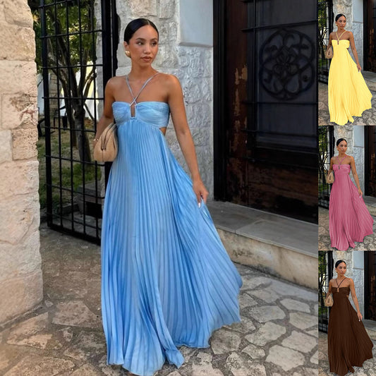 Robe plissée à bretelles haute taille pour soirée