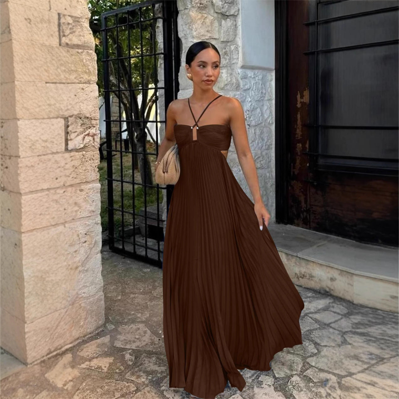 Robe plissée à bretelles haute taille pour soirée