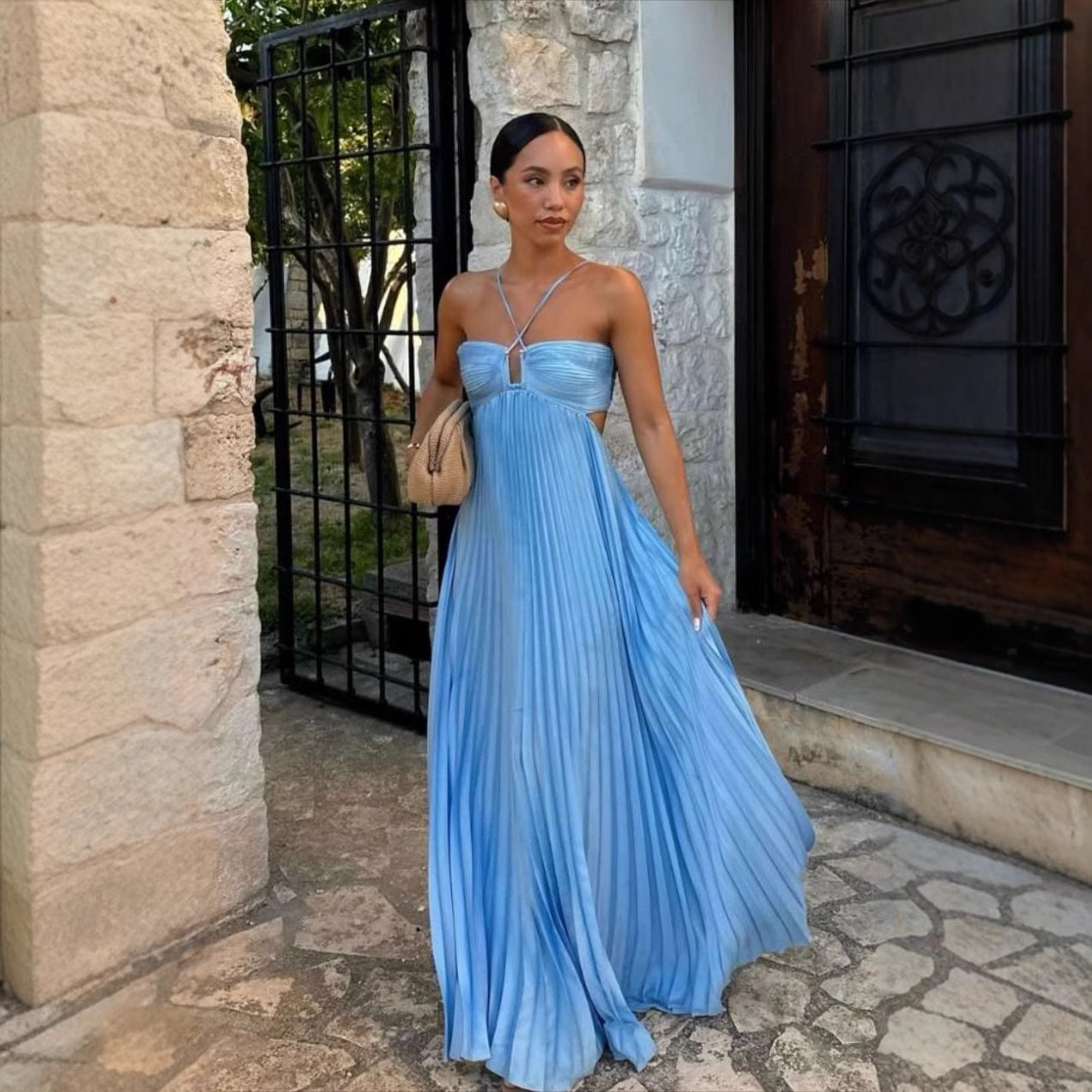 Robe plissée à bretelles haute taille pour soirée