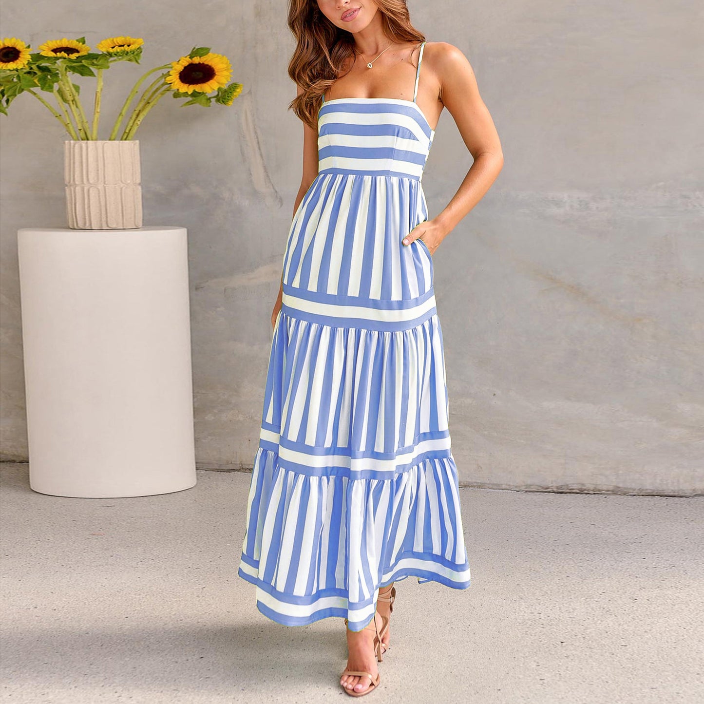 Robe Longue d’Été Rayée à Bretelles