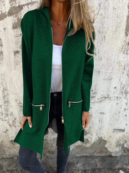 Veste à Capuche Zippée Décontractée – Couleurs Unies Automne & Hiver