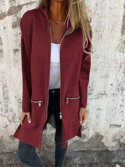 Veste à Capuche Zippée Décontractée – Couleurs Unies Automne & Hiver