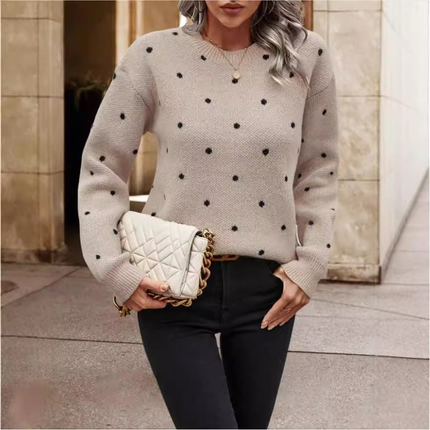 Sweater Femme Jacquard à Pois – Col Rond et Manches Longues