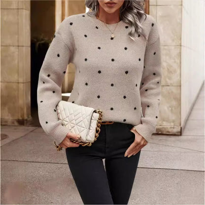 Sweater Femme Jacquard à Pois – Col Rond et Manches Longues