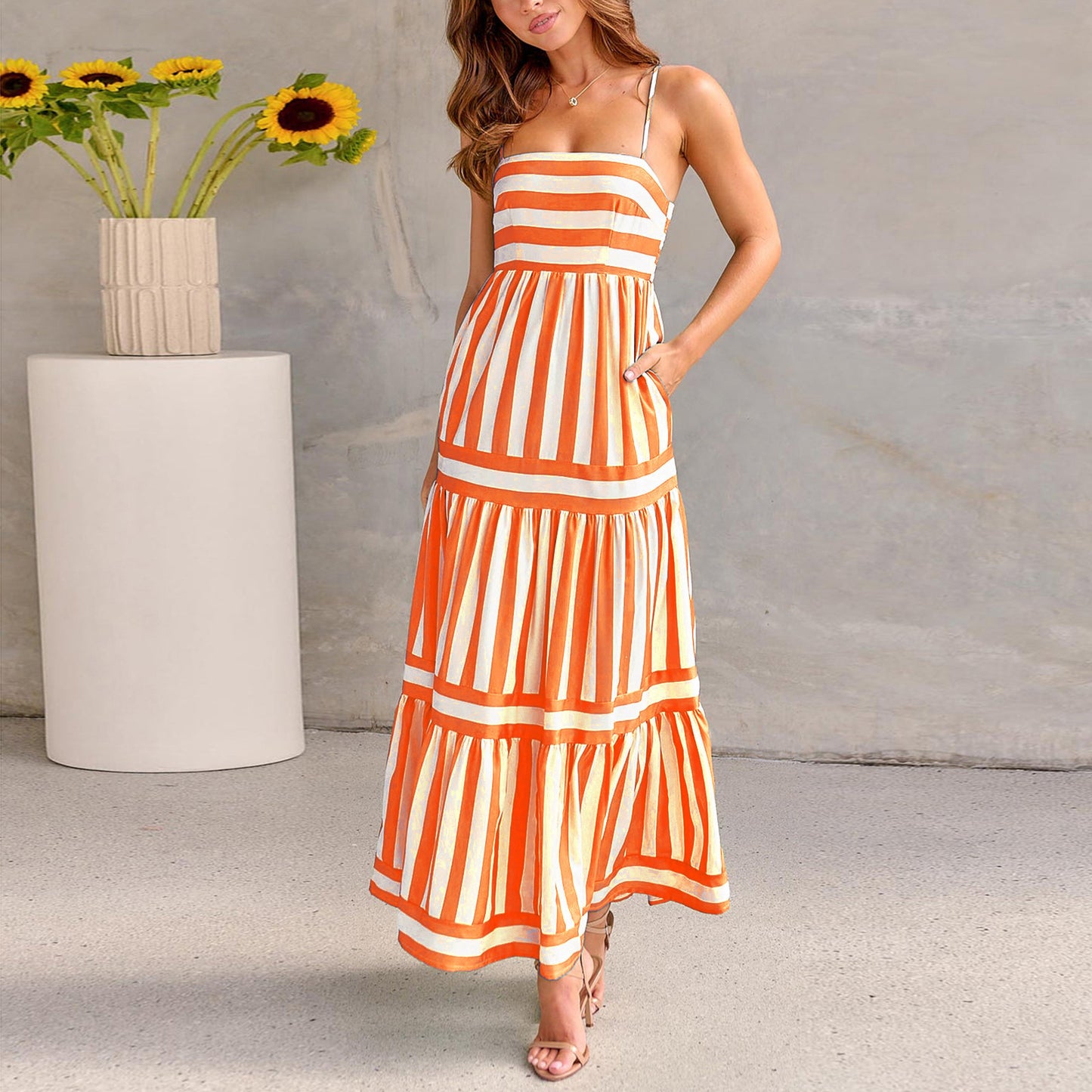 Robe Longue d’Été Rayée à Bretelles