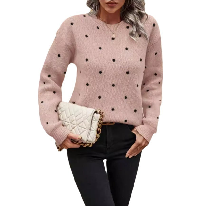 Sweater Femme Jacquard à Pois – Col Rond et Manches Longues