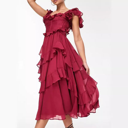 Robe d’Été à Volants Dos Nu et Encolure Carrée – Style Fête et Vacances