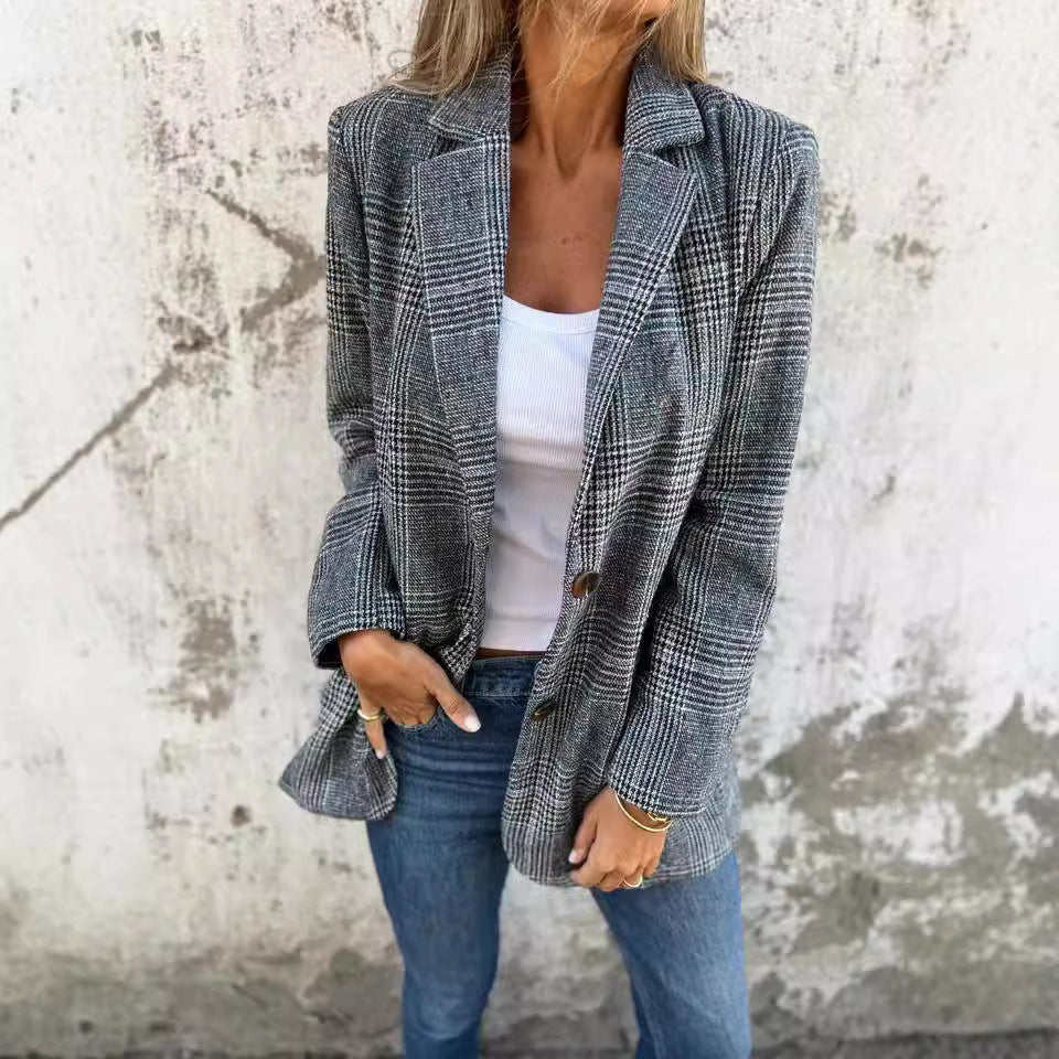 Blazer Femme Casual Chic – Motif Pied-de-Poule