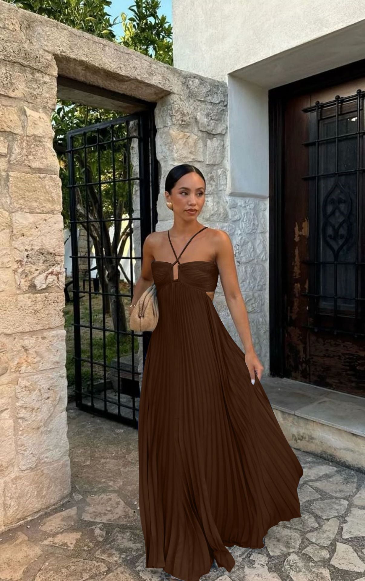 Robe plissée à bretelles haute taille pour soirée