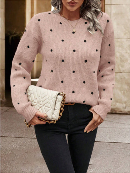 Sweater Femme Jacquard à Pois – Col Rond et Manches Longues