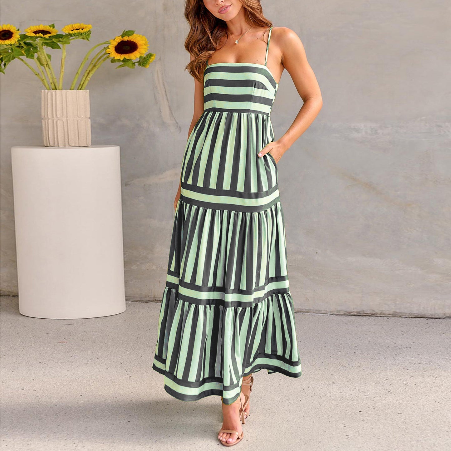 Robe Longue d’Été Rayée à Bretelles