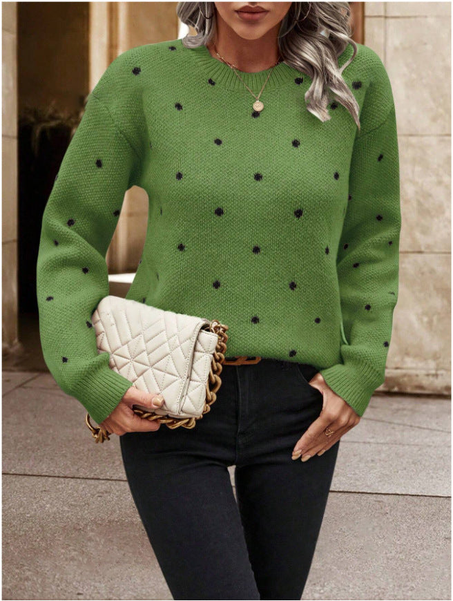 Sweater Femme Jacquard à Pois – Col Rond et Manches Longues