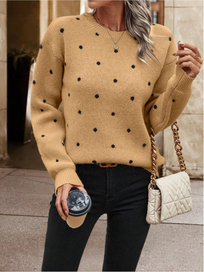 Sweater Femme Jacquard à Pois – Col Rond et Manches Longues