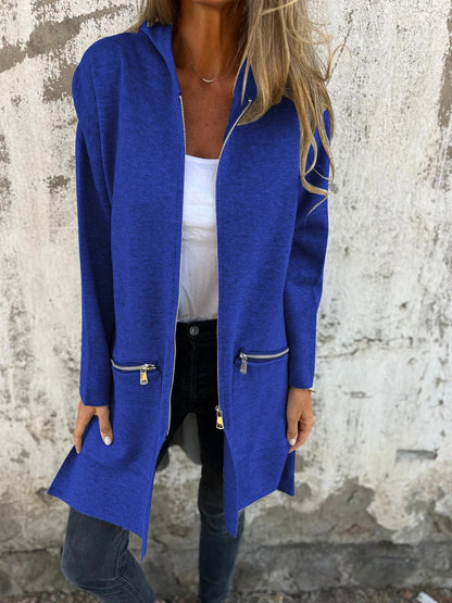 Veste à Capuche Zippée Décontractée – Couleurs Unies Automne & Hiver