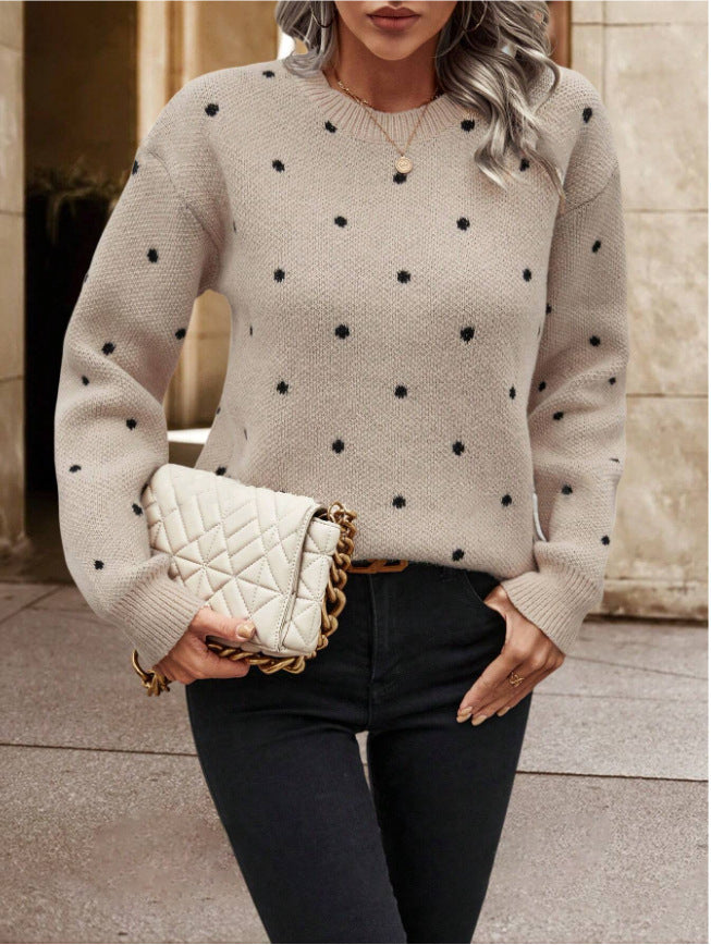 Sweater Femme Jacquard à Pois – Col Rond et Manches Longues