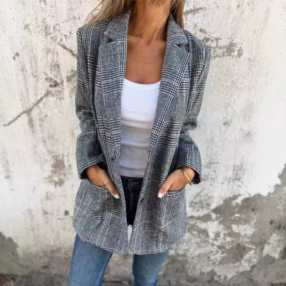 Blazer Femme Casual Chic – Motif Pied-de-Poule