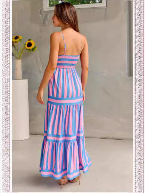 Robe Longue d’Été Rayée à Bretelles